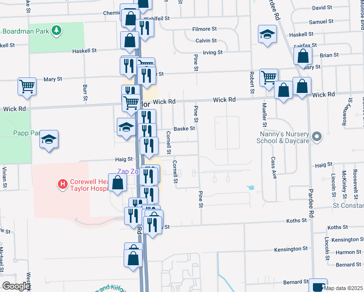 map of restaurants, bars, coffee shops, grocery stores, and more near 23750 Schomberg Street in Taylor