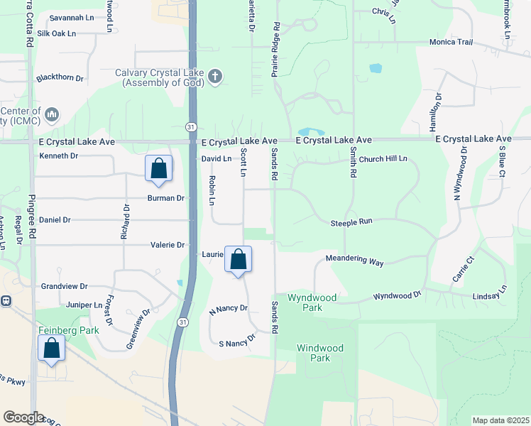 map of restaurants, bars, coffee shops, grocery stores, and more near 6213 Sands Road in Crystal Lake