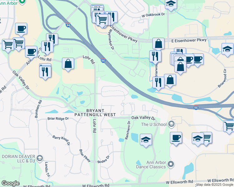 map of restaurants, bars, coffee shops, grocery stores, and more near 1332 Heatherwood Lane in Ann Arbor