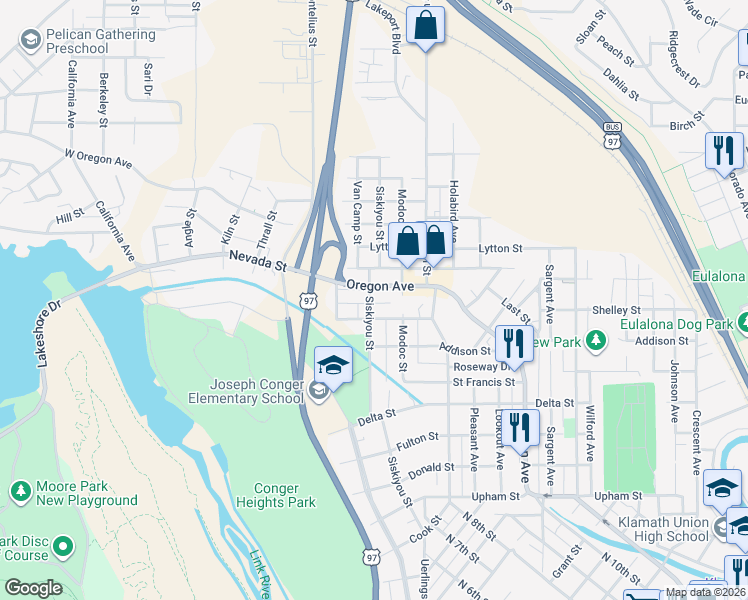 map of restaurants, bars, coffee shops, grocery stores, and more near in Klamath Falls