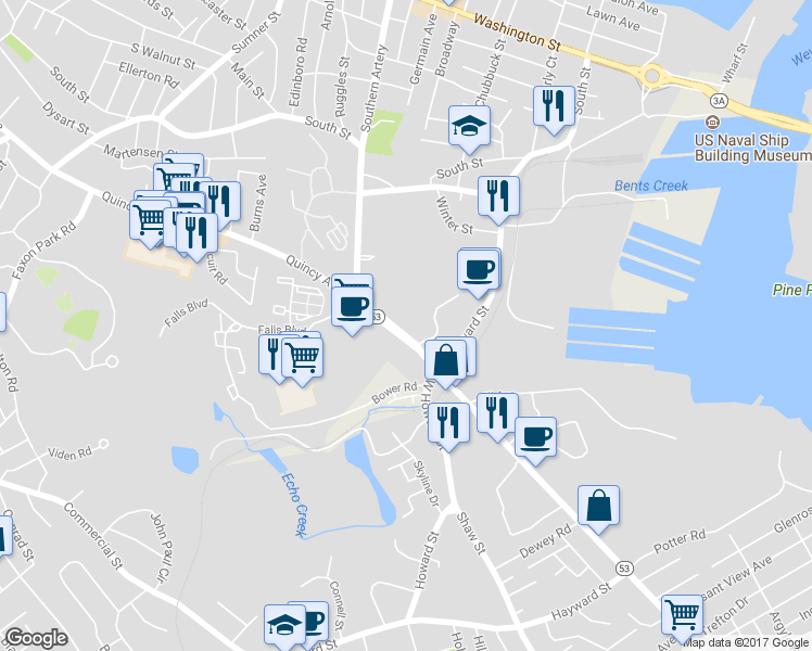 map of restaurants, bars, coffee shops, grocery stores, and more near 450 Quincy Avenue in Quincy