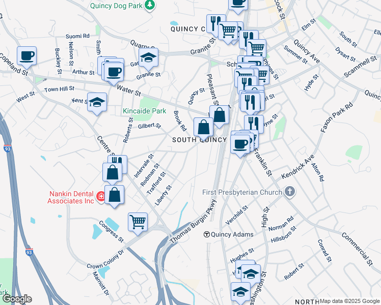 map of restaurants, bars, coffee shops, grocery stores, and more near in Quincy