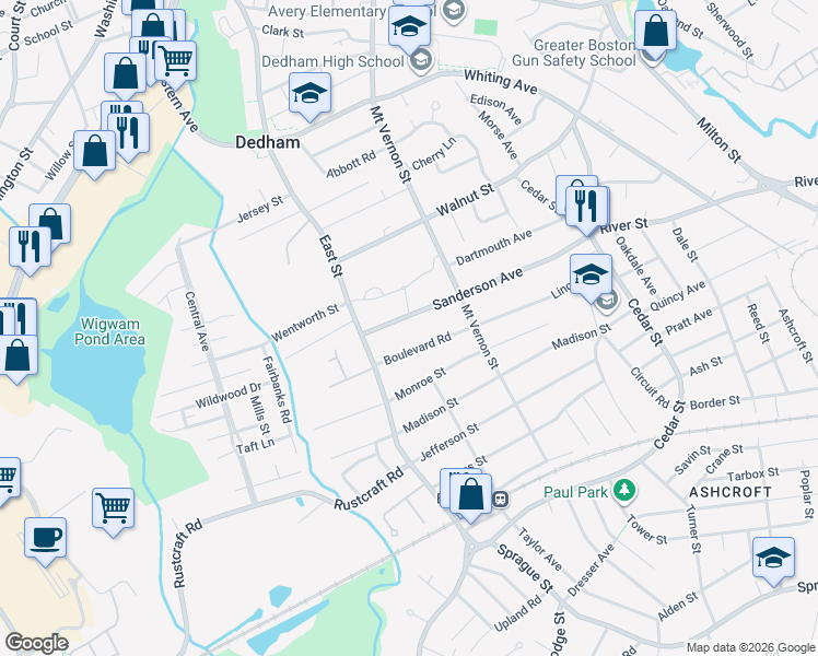 map of restaurants, bars, coffee shops, grocery stores, and more near 154 Sanderson Avenue in Dedham