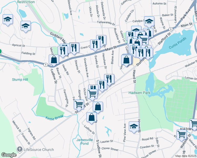 map of restaurants, bars, coffee shops, grocery stores, and more near 79 Eureka Street in Worcester