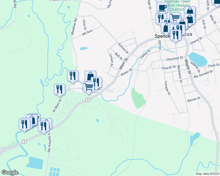 map of restaurants, bars, coffee shops, grocery stores, and more near 4 West Main Street in Spencer