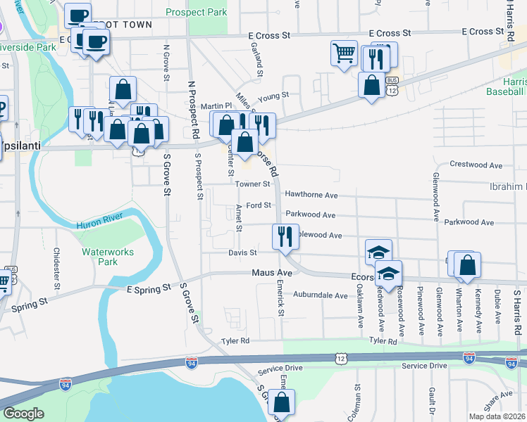 map of restaurants, bars, coffee shops, grocery stores, and more near 773 Ford Street in Ypsilanti