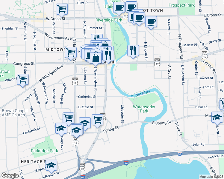 map of restaurants, bars, coffee shops, grocery stores, and more near 203 South Huron Street in Ypsilanti