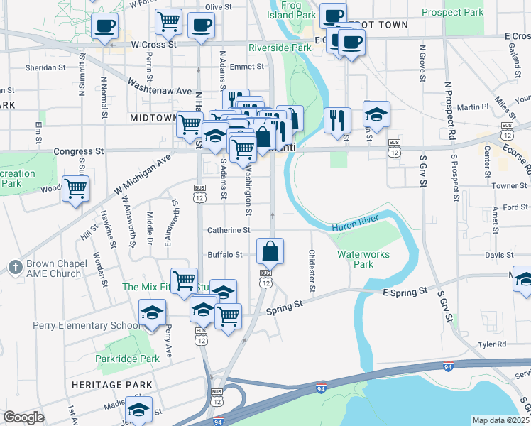 map of restaurants, bars, coffee shops, grocery stores, and more near 107 Woodward Street in Ypsilanti