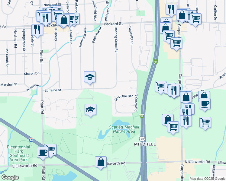 map of restaurants, bars, coffee shops, grocery stores, and more near 3455 Charing Cross Road in Ann Arbor