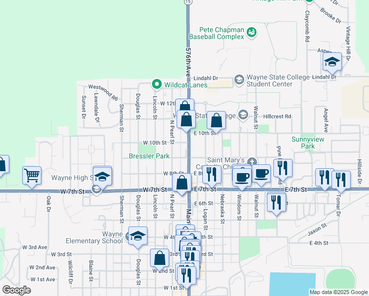 map of restaurants, bars, coffee shops, grocery stores, and more near 116 West 10th Street in Wayne