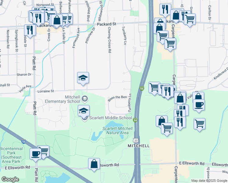 map of restaurants, bars, coffee shops, grocery stores, and more near 3455 Charing Cross Road in Ann Arbor