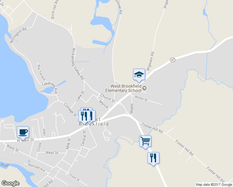 map of restaurants, bars, coffee shops, grocery stores, and more near 11 New Braintree Road in West Brookfield