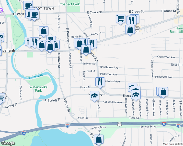 map of restaurants, bars, coffee shops, grocery stores, and more near 773 Ford Street in Ypsilanti