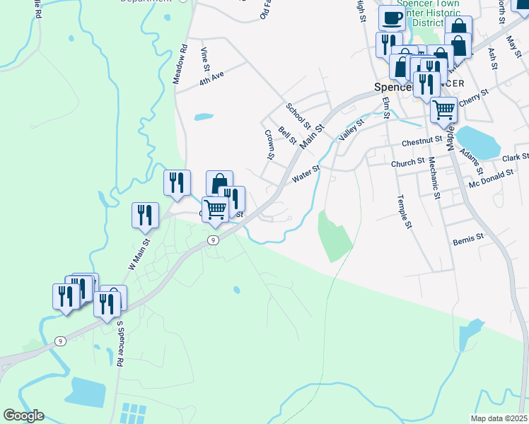map of restaurants, bars, coffee shops, grocery stores, and more near 4 West Main Street in Spencer