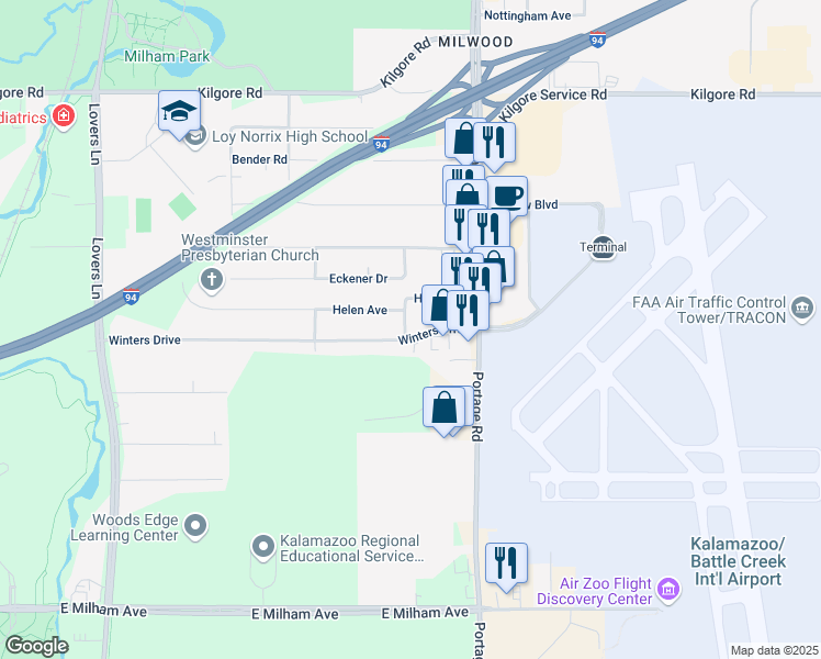 map of restaurants, bars, coffee shops, grocery stores, and more near 2225 Winters Drive in Portage