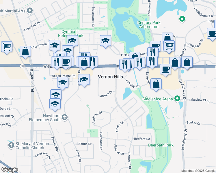 map of restaurants, bars, coffee shops, grocery stores, and more near 704 Deerpath Drive in Vernon Hills