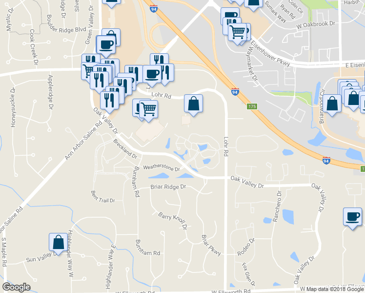 map of restaurants, bars, coffee shops, grocery stores, and more near 1731 Coburn Court in Ann Arbor