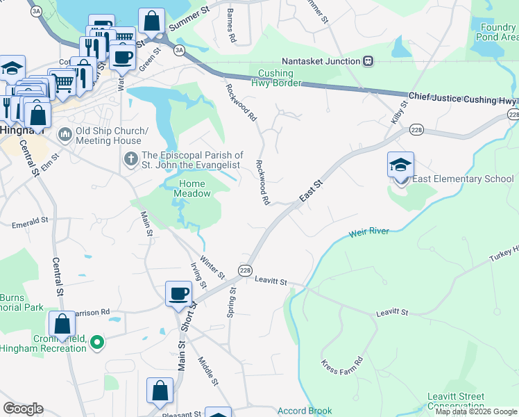 map of restaurants, bars, coffee shops, grocery stores, and more near 8 Rockwood Road in Hingham