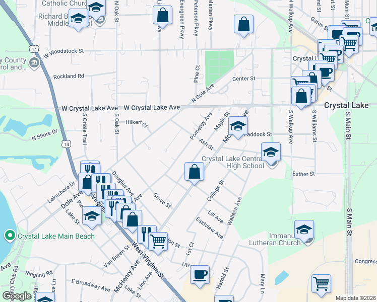 map of restaurants, bars, coffee shops, grocery stores, and more near 96 Maple Street in Crystal Lake