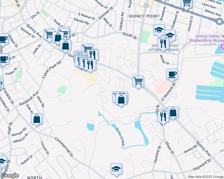 map of restaurants, bars, coffee shops, grocery stores, and more near 202 Falls Boulevard in Quincy