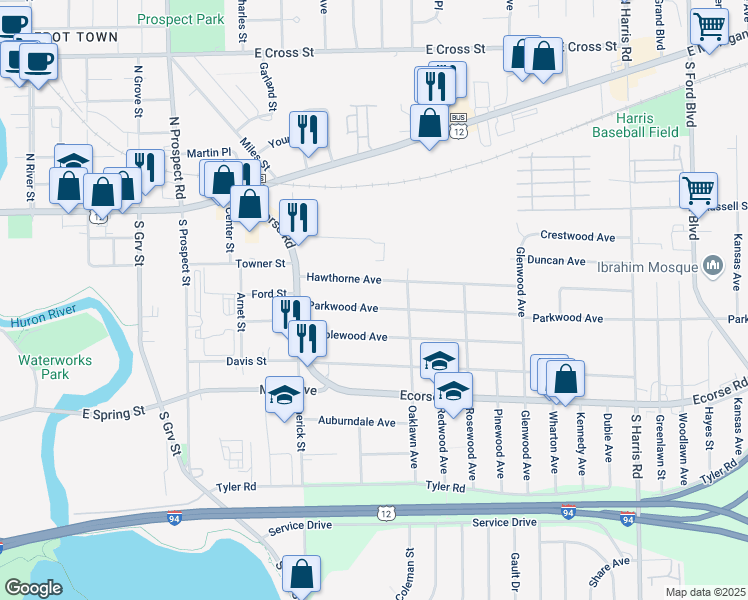 map of restaurants, bars, coffee shops, grocery stores, and more near 958 Hawthorne Avenue in Ypsilanti
