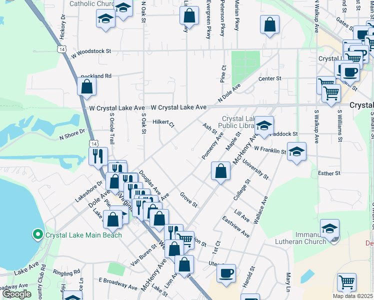 map of restaurants, bars, coffee shops, grocery stores, and more near 98 Elm Street in Crystal Lake