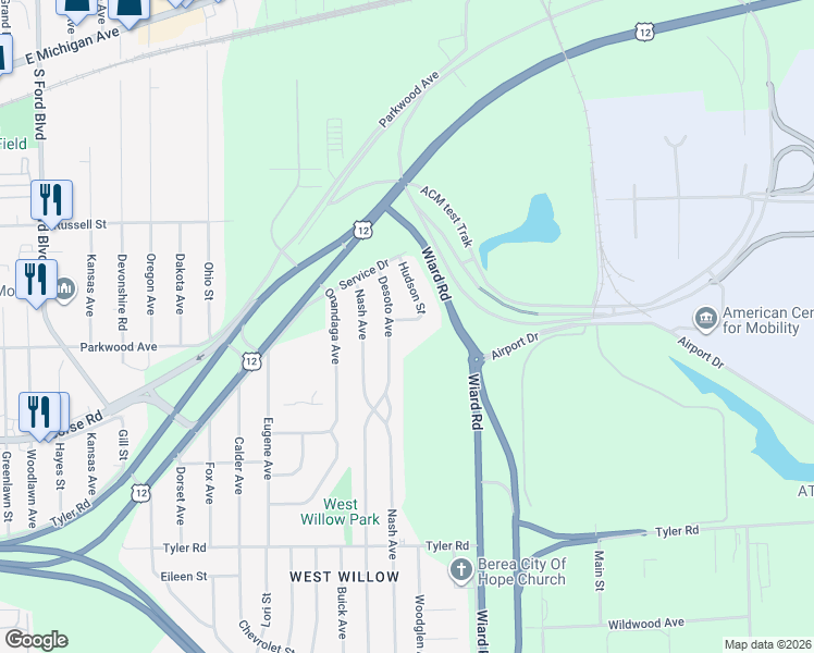 map of restaurants, bars, coffee shops, grocery stores, and more near 596 Olds Street in Ypsilanti