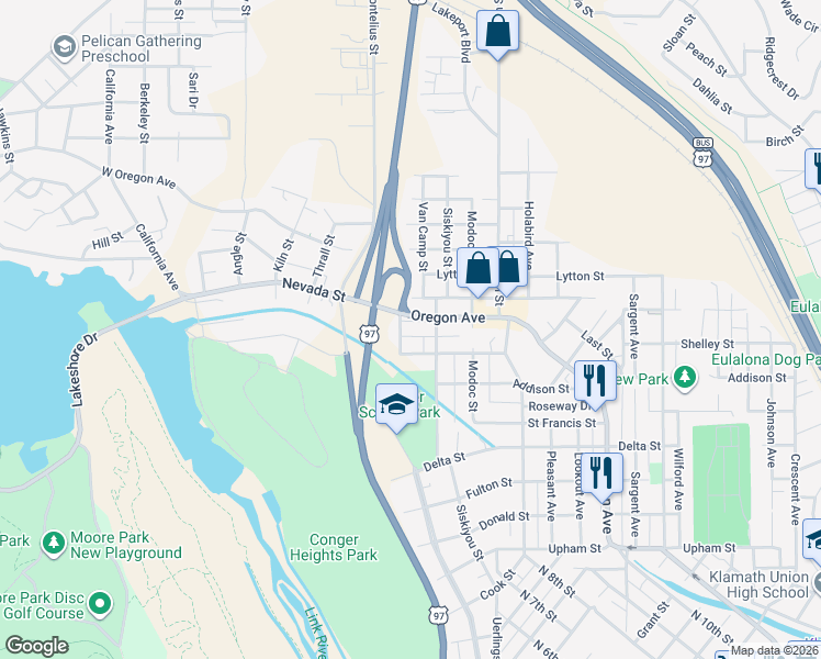 map of restaurants, bars, coffee shops, grocery stores, and more near 2336 Oregon Avenue in Klamath Falls