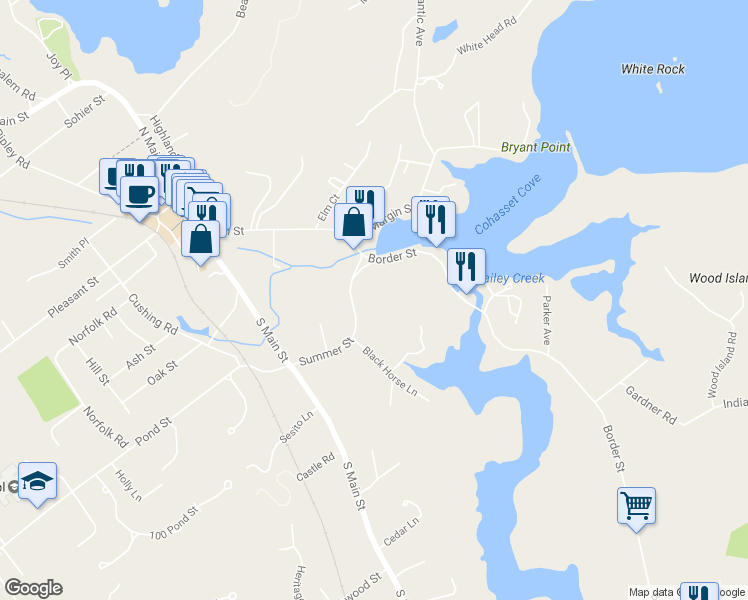 map of restaurants, bars, coffee shops, grocery stores, and more near 63 Summer Street in Cohasset