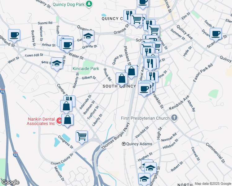 map of restaurants, bars, coffee shops, grocery stores, and more near in Quincy