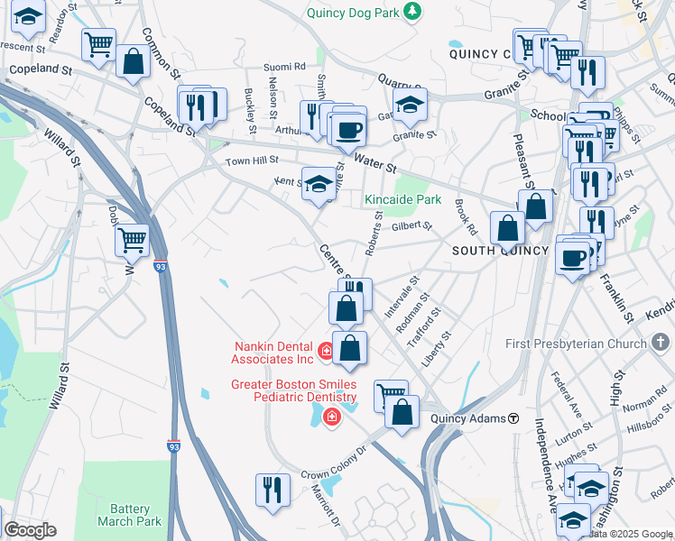 map of restaurants, bars, coffee shops, grocery stores, and more near 205 Centre Street in Quincy