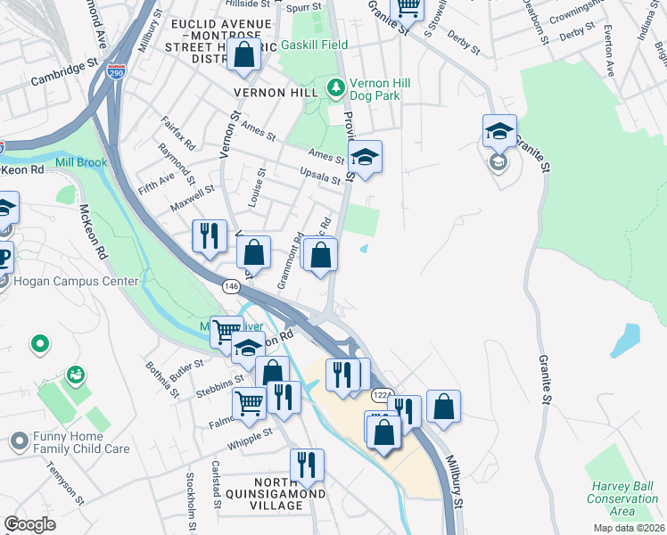 map of restaurants, bars, coffee shops, grocery stores, and more near 266 Massachusetts 122A in Worcester