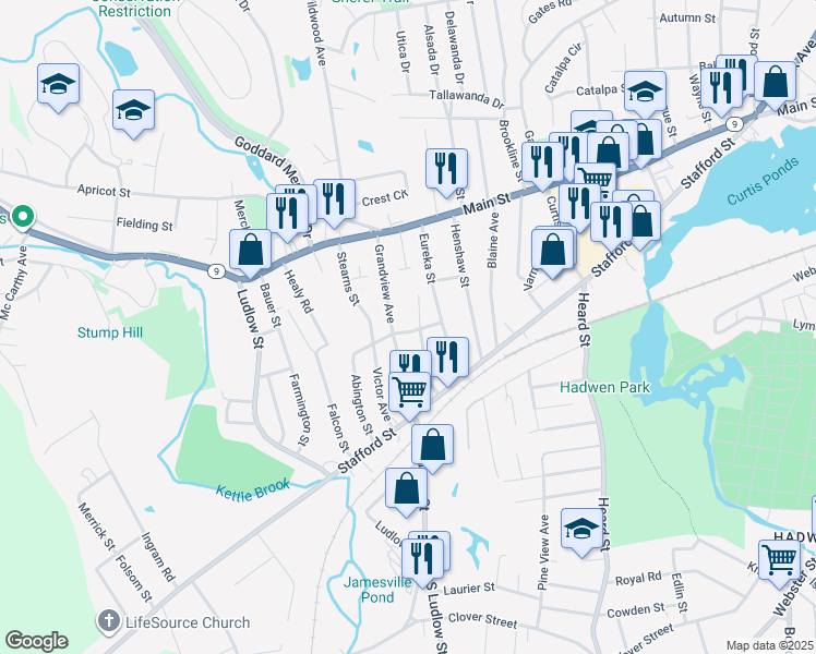 map of restaurants, bars, coffee shops, grocery stores, and more near 47 Lavallee Terrace in Worcester