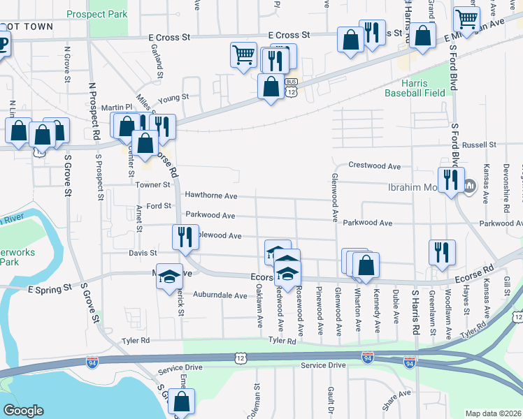 map of restaurants, bars, coffee shops, grocery stores, and more near 165 Oaklawn Avenue in Ypsilanti