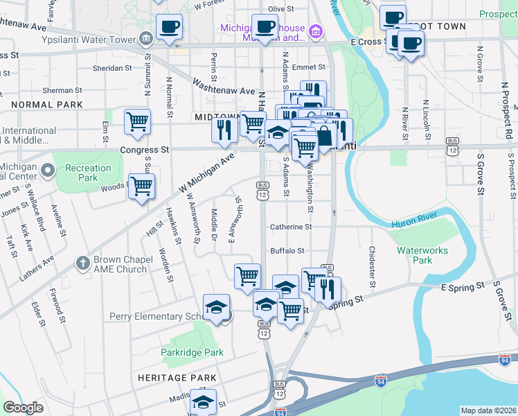 map of restaurants, bars, coffee shops, grocery stores, and more near 201 South Hamilton Street in Ypsilanti