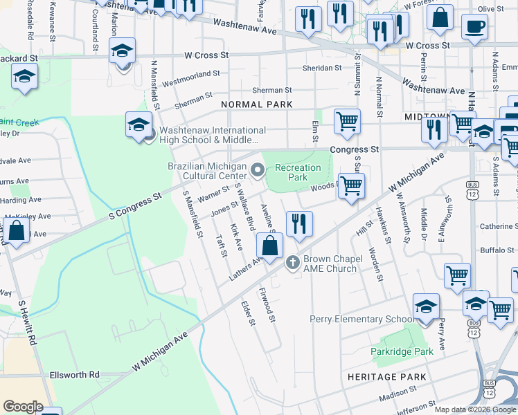 map of restaurants, bars, coffee shops, grocery stores, and more near 1077 Jones Street in Ypsilanti