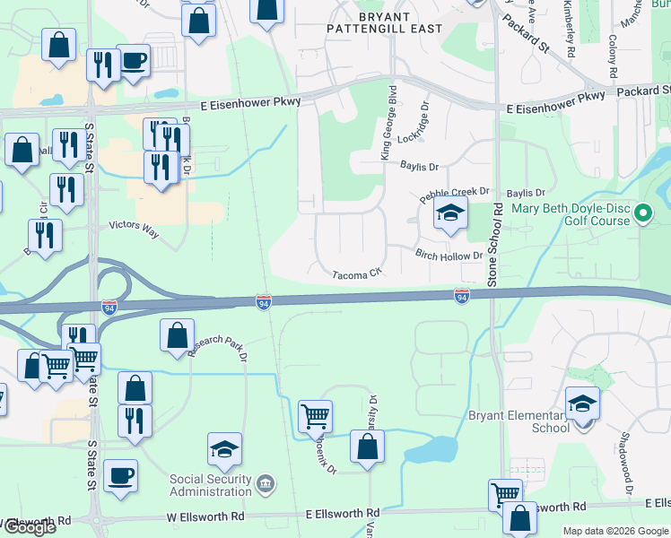 map of restaurants, bars, coffee shops, grocery stores, and more near 3475 Wexford Court in Ann Arbor