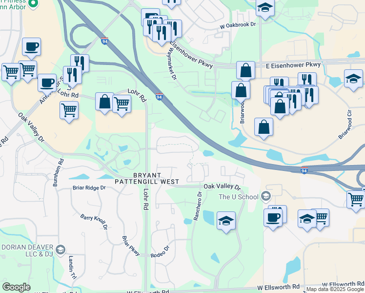 map of restaurants, bars, coffee shops, grocery stores, and more near 1287 Millbrook Trail in Ann Arbor
