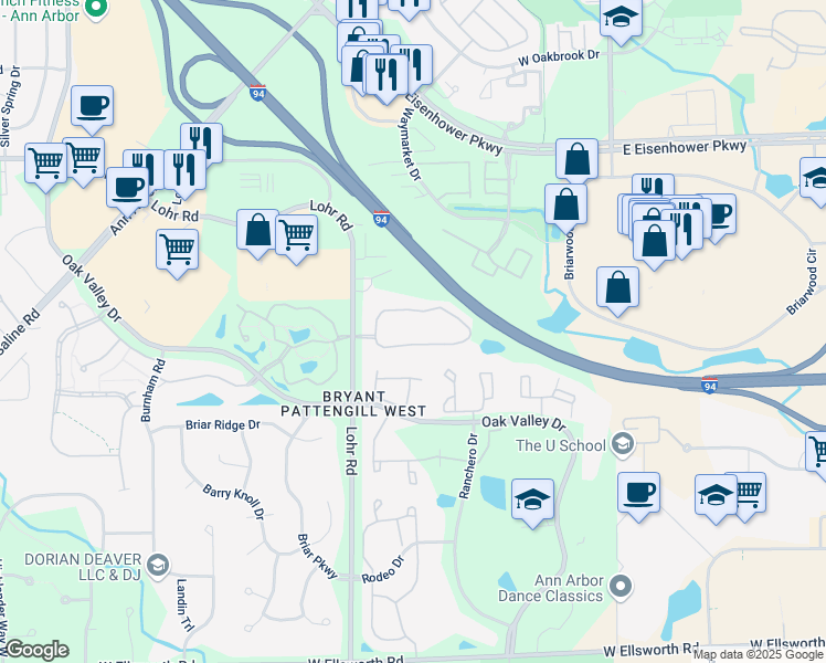 map of restaurants, bars, coffee shops, grocery stores, and more near 1367 Millbrook Trail in Ann Arbor