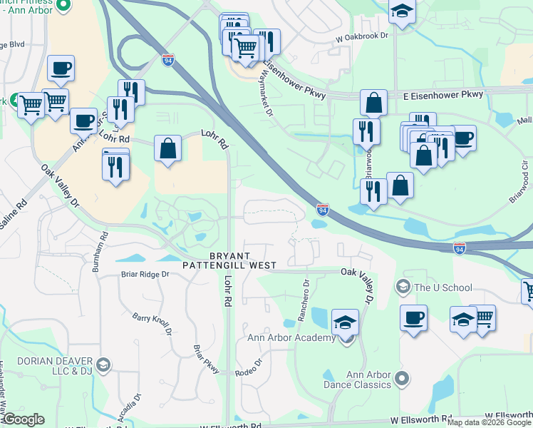 map of restaurants, bars, coffee shops, grocery stores, and more near 1367 Millbrook Trail in Ann Arbor