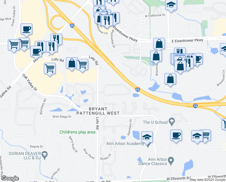 map of restaurants, bars, coffee shops, grocery stores, and more near 1367 Millbrook Trail in Ann Arbor