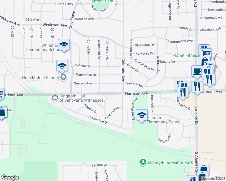 map of restaurants, bars, coffee shops, grocery stores, and more near 3420 Harrison Avenue in Rockford