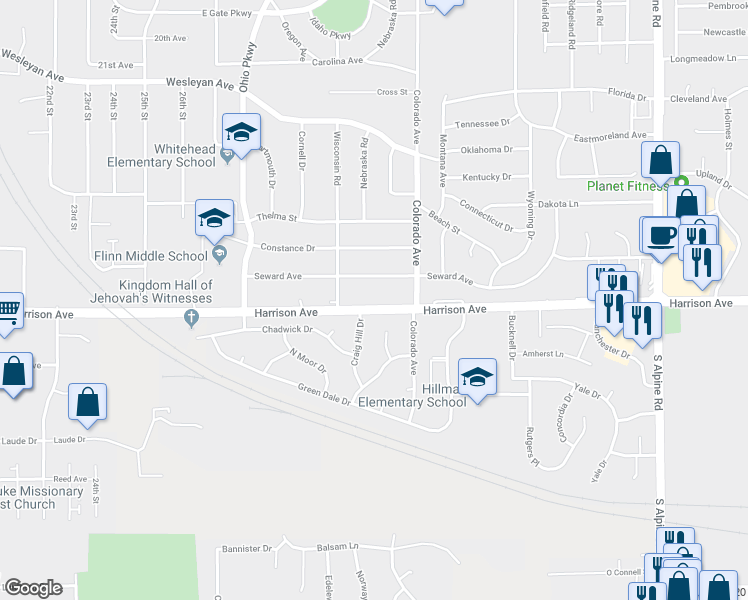 map of restaurants, bars, coffee shops, grocery stores, and more near 3420 Harrison Avenue in Rockford