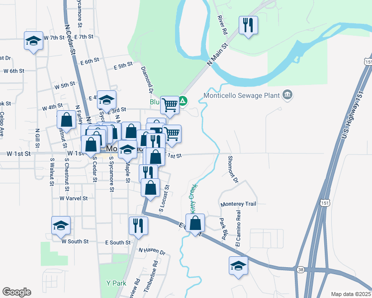 map of restaurants, bars, coffee shops, grocery stores, and more near 601 East 1st Street in Monticello