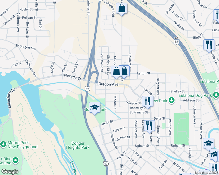 map of restaurants, bars, coffee shops, grocery stores, and more near 2226 Oregon Avenue in Klamath Falls