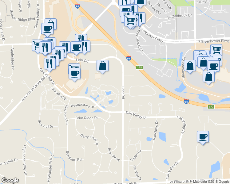 map of restaurants, bars, coffee shops, grocery stores, and more near 1517 Long Meadow Trail Drive in Ann Arbor