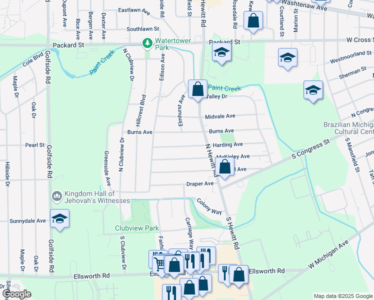 map of restaurants, bars, coffee shops, grocery stores, and more near 2301 Harding Avenue in Ypsilanti