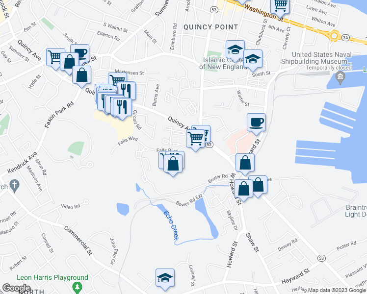 map of restaurants, bars, coffee shops, grocery stores, and more near 205 Falls Boulevard in Quincy