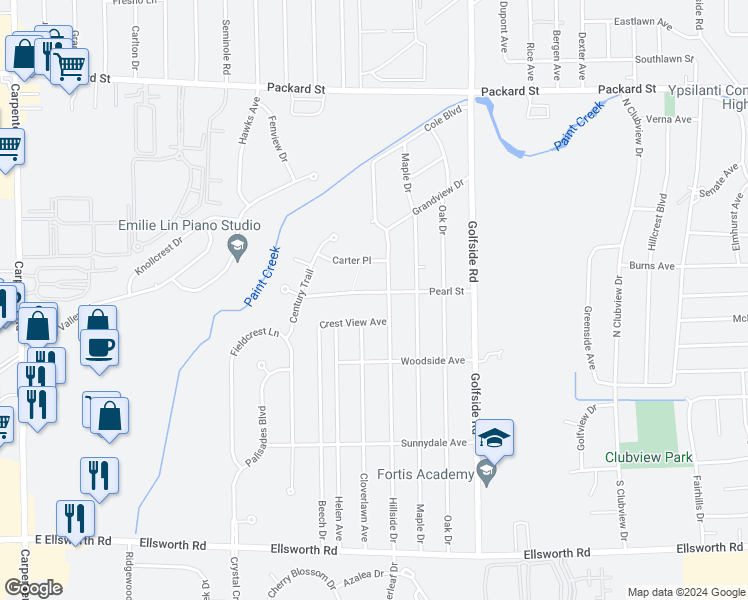 map of restaurants, bars, coffee shops, grocery stores, and more near 4774 Pearl Street in Ypsilanti