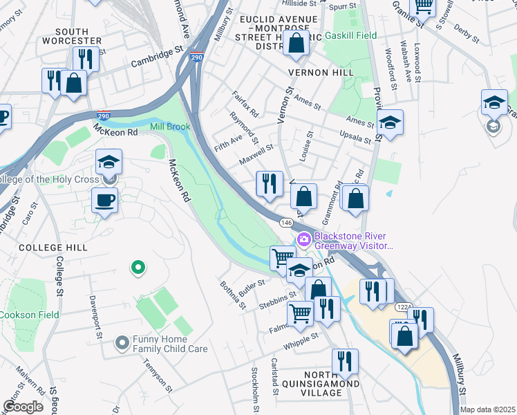 map of restaurants, bars, coffee shops, grocery stores, and more near 688 Millbury Street in Worcester